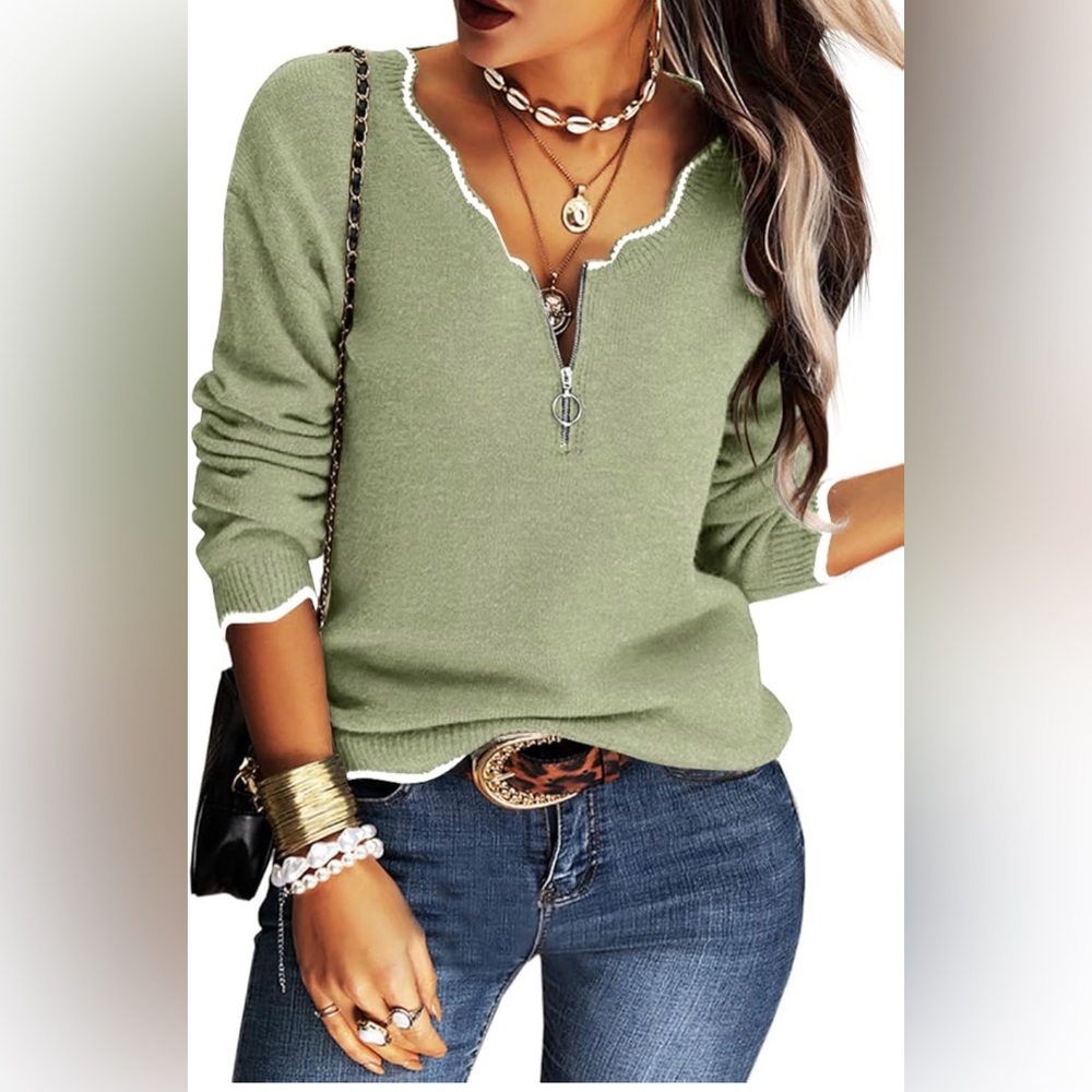 Hongqizo Half Zip V-Neck Knit Sweater Green Casual Pullover Small